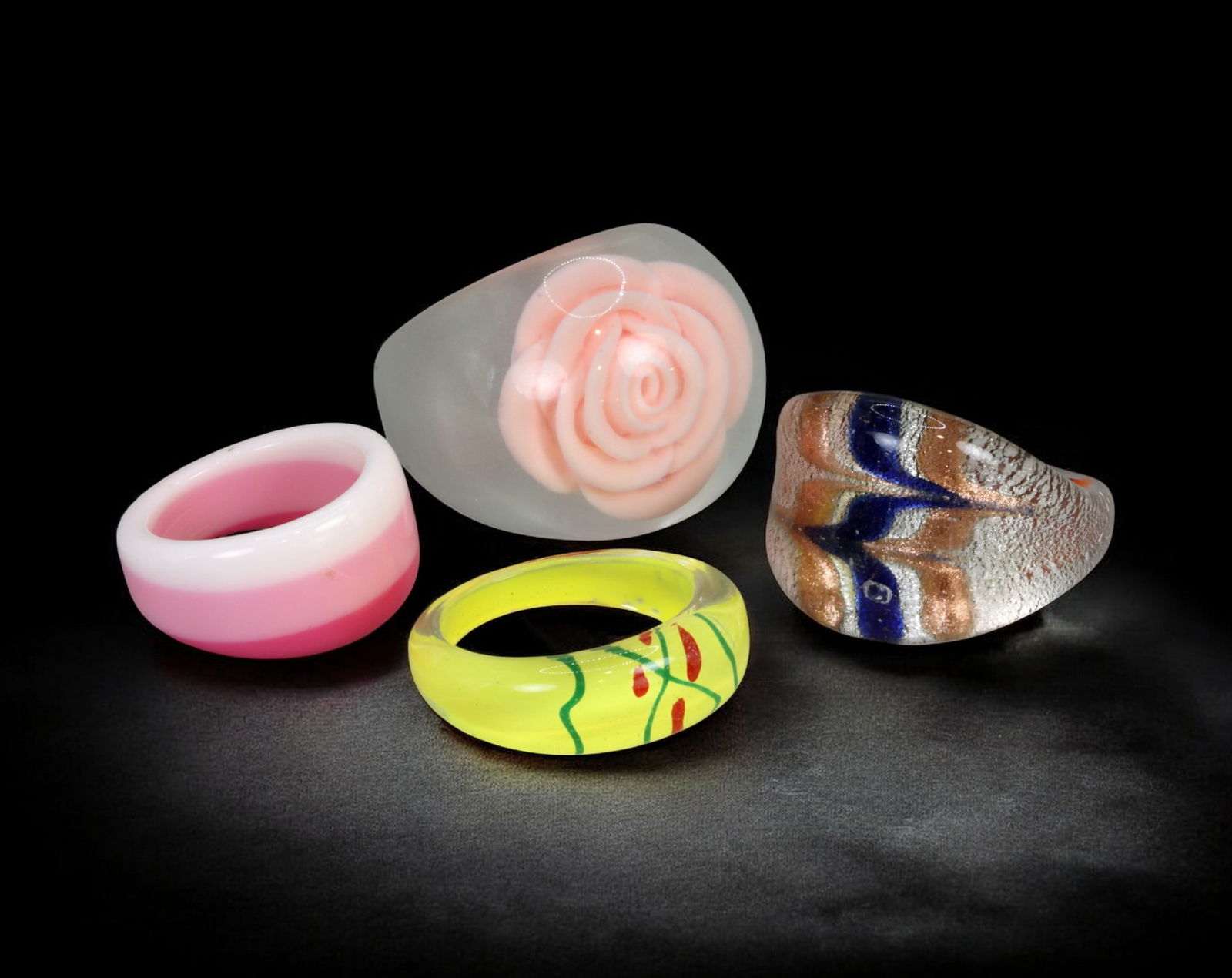 Y2K POP: Rings (Set of 4) - Resin & Lucite Bands with Embedded Motifs & Bright Hues, US 6.7-8.7 (1 of 1)