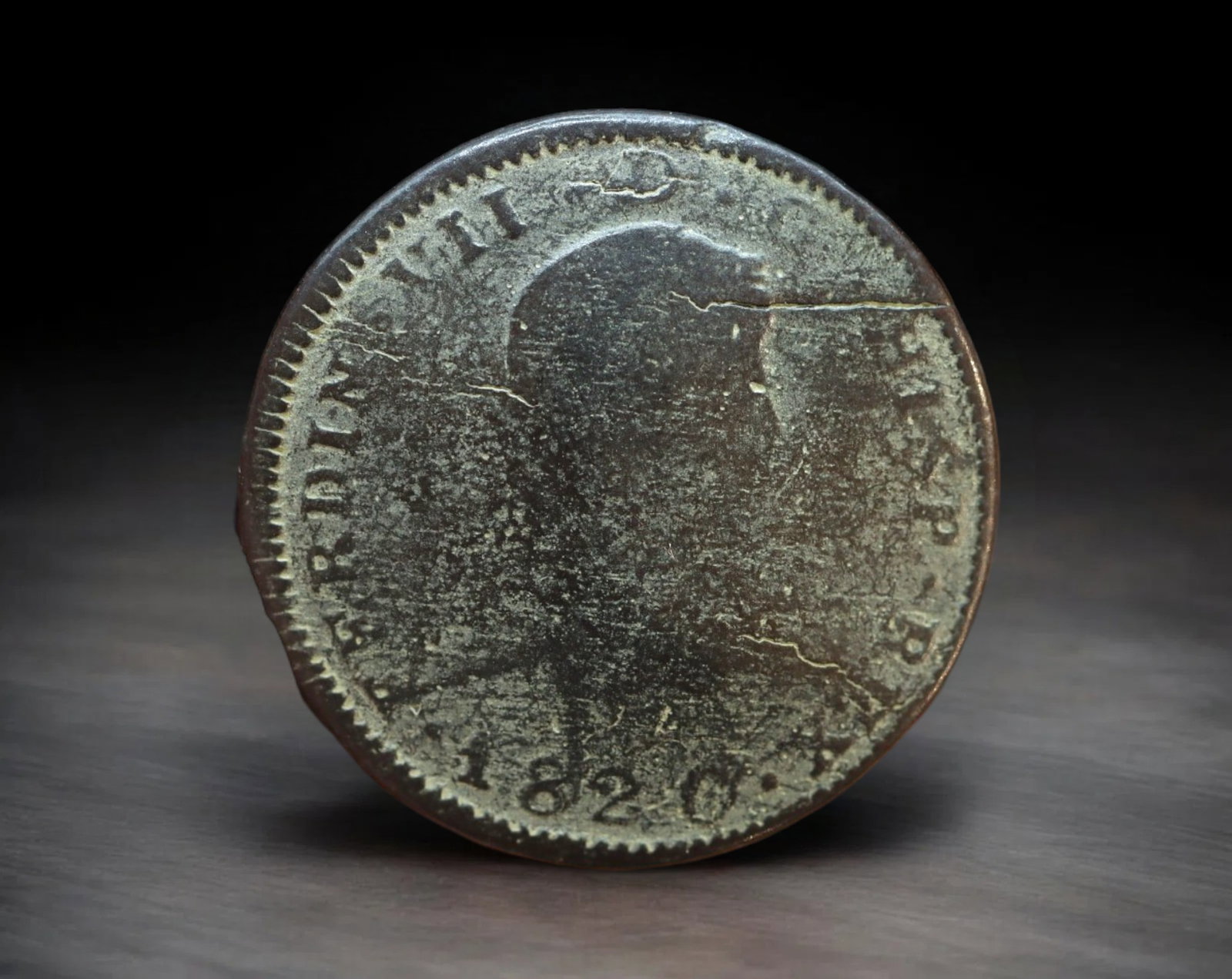 SPAIN: Fernando VII - Copper 8 Maravedis Coin, 1820 Jubia Mint (31mm, 8.3g): Issued under the absolutist reign of Fernando VII, this copper 8 Maravedis coin was struck at the Jubia Mint in 1820. The obverse displays a laureate bust of the king, inscribed FERDIN VII D G HISP RE