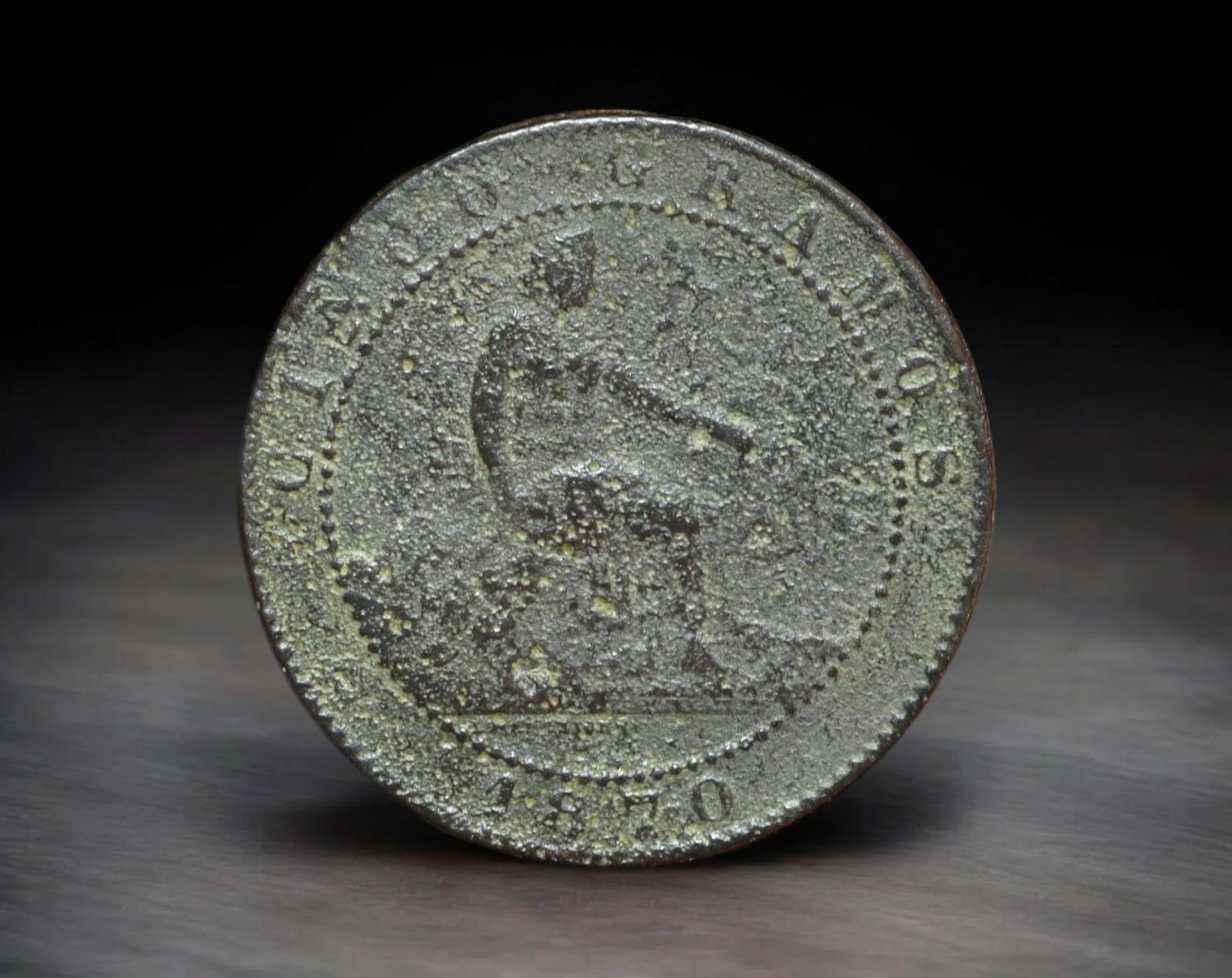 SPAIN: Provisional Government - Copper 5 Centimos Coin, 1870 OM Barcelona Mint (24mm, 4.4g) (1 of 2)