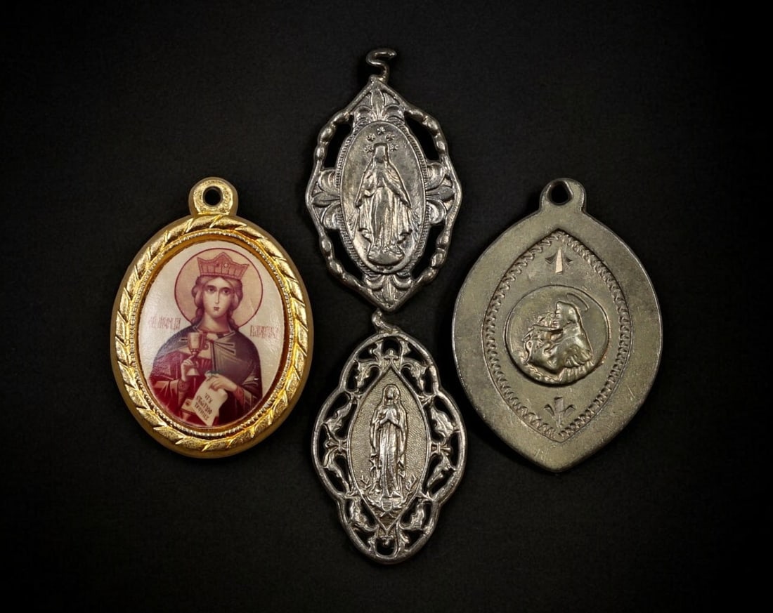 FRANCE: Set of Four Catholic Religious Medals - Silvered Metal & Gilt, 19th-20th Century (1 of 2)