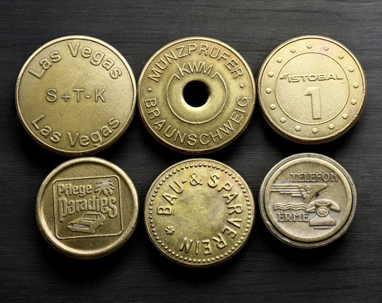 EUROPEAN TOKEN LOT: 6 Brass Tokens from Germany, Hungary & More (Various Years) (1 of 2)