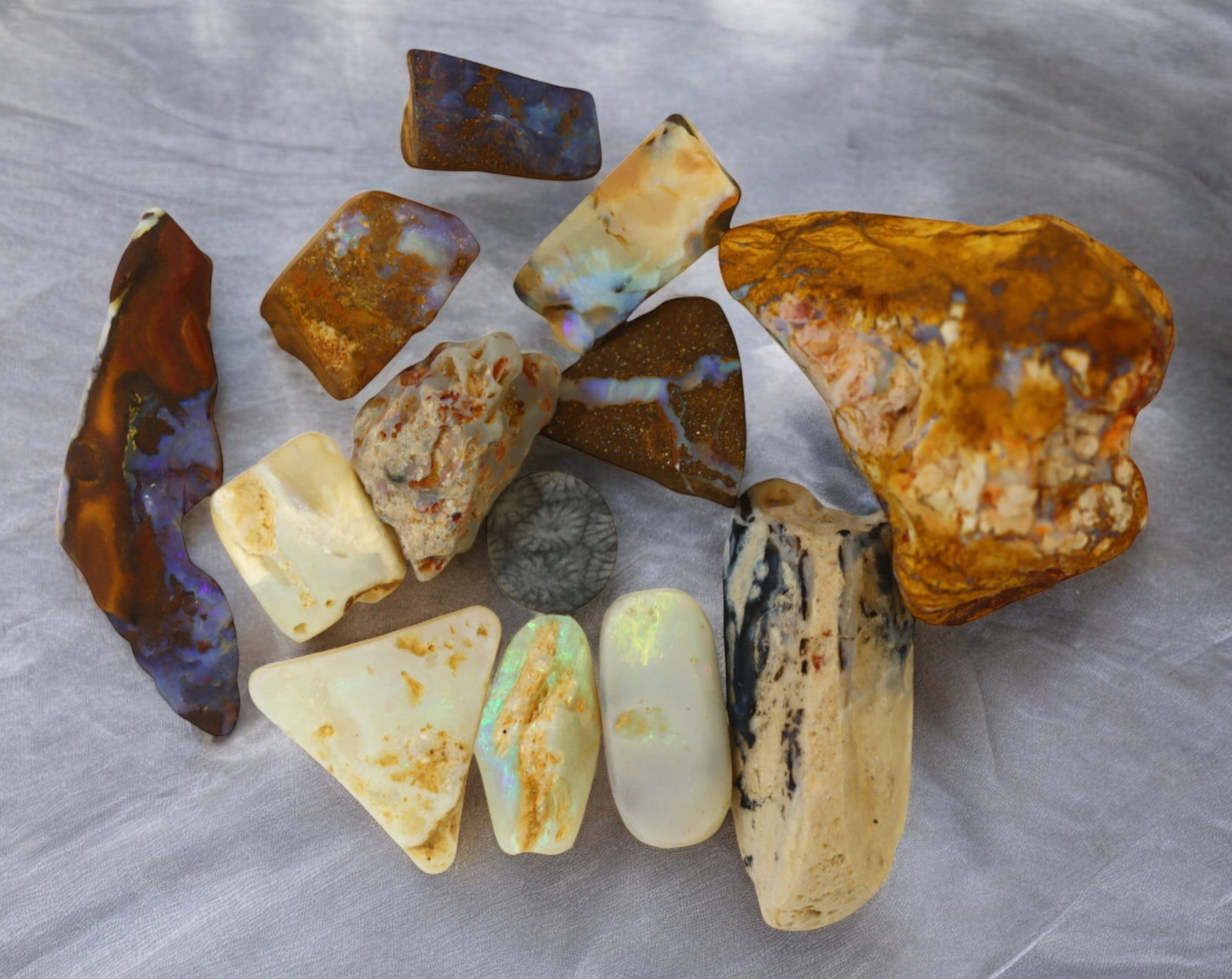 AUSTRALIA: Matrix Boulder Opal Rough Lot, 34g, 1-3.2 cm (Images Taken Wet): Stunning lot of natural Australian matrix boulder opal rough, these specimens showcase a vibrant interplay of opalized veins and swirls embedded in rich ironstone, displaying flashes of electric blues