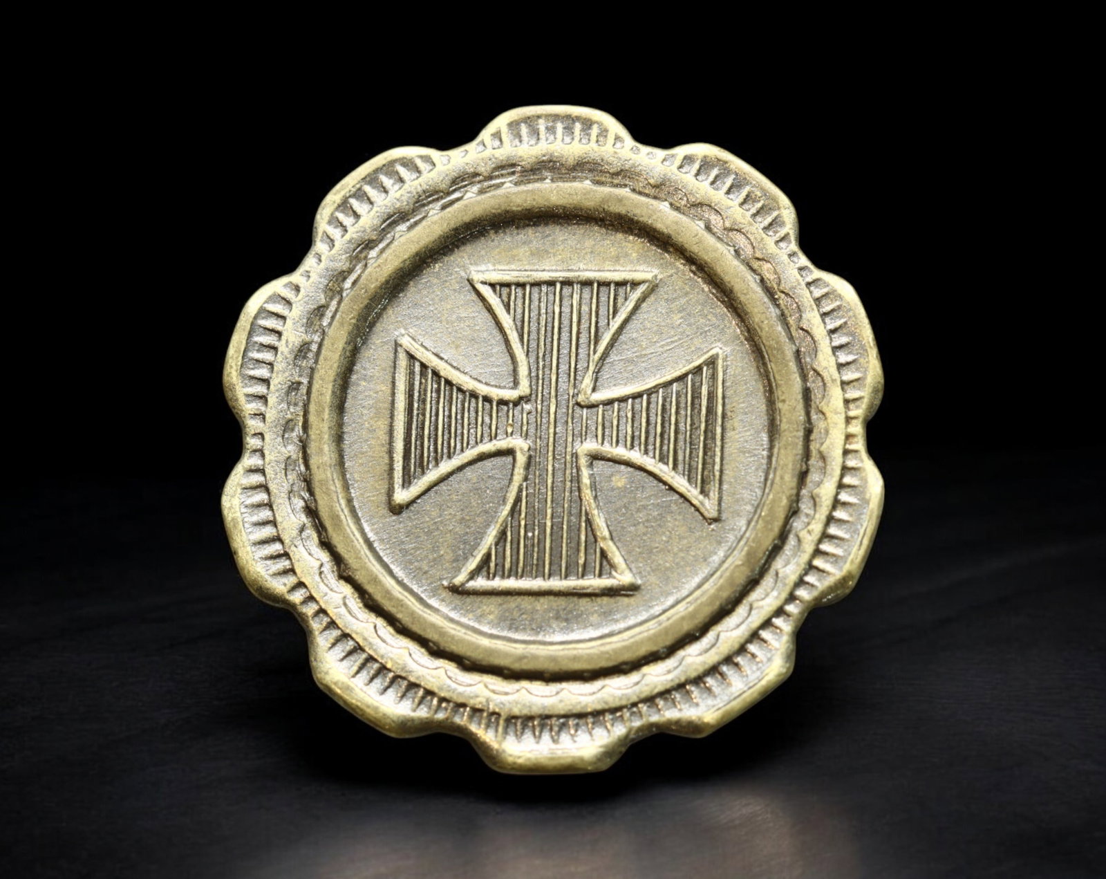 FRANCE: Cross-Emblem Token - Brass 50 Centimes "C" Reverse with Scalloped Border, (19mm, 2.3g): This brass 50 Centimes token presents a striking obverse featuring a stylized flared cross with vertical lines, framed by a 12-lobed scalloped border with rope-and-dot edgework. The reverse offers the