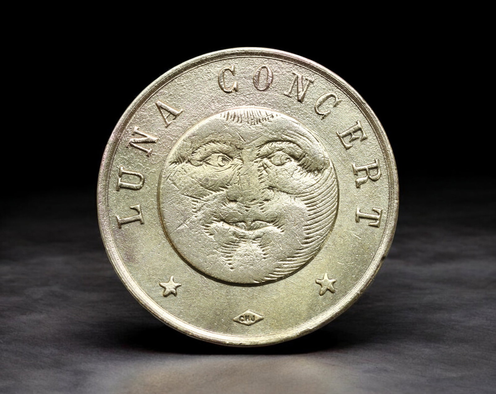 FRANCE: Paris - Brass Token, Luna Concert, ND (25mm, 5.9g): Struck in brass with an alluring Art Nouveau flair, this Parisian Luna Concert token features a radiant anthropomorphic full moon at its center, encircled by bold serif lettering ''LUNA CONCERT'' and 