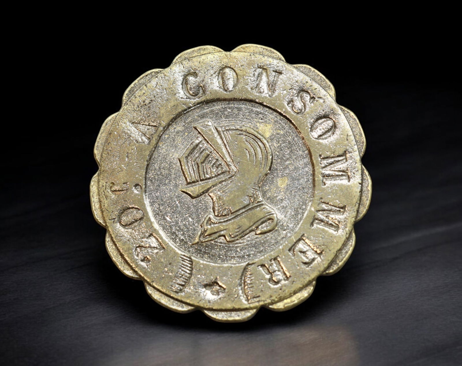 FRANCE: Anonymous - Brass 20 Centimes "A Consommer", Knight's Helm Design, ca. 1920s (20mm, 2.8g) (1 of 2)