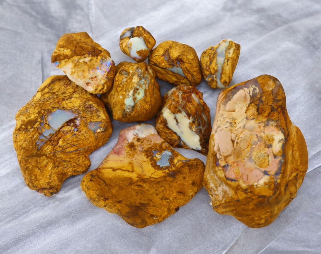 AUSTRALIA: Queensland Fossilized Crystal Opal Rough Lot, 1-5.5cm, 139g (Images Taken Wet): A striking lot of natural fossilized crystal opal rough, sourced from Queensland, Australia. These specimens display an impressive blend of earthy ironstone matrix and vibrant flashes of opalescence, 