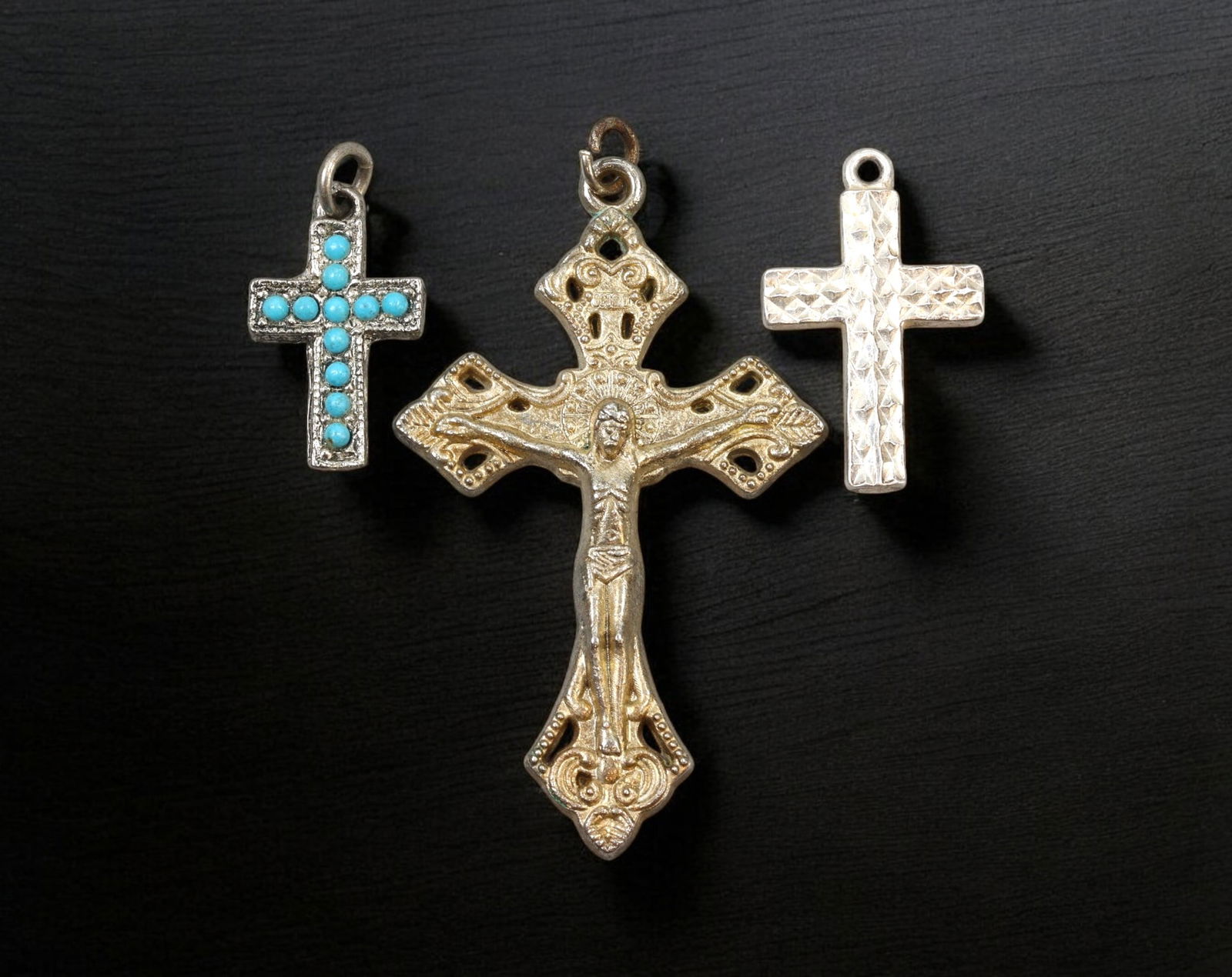 CATHOLIC DEVOTIONAL:Cross Pendants-Italian Crucifix,Turquoise Accents&Textured Plain (1 of 2)