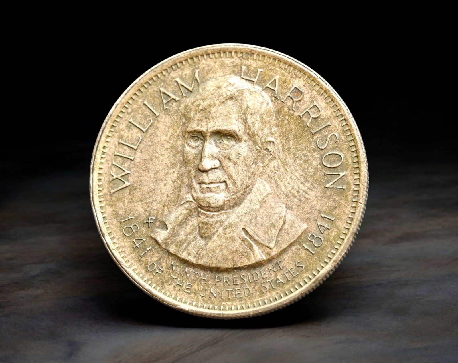 UNITED STATES: William Henry Harrison - Brass Presidential Medal Token, 1841 (26mm, 6.4g): Struck to memorialize the brief yet historically notable presidency of William Henry Harrison, this 26mm brass token features a somber right-facing bust with the legend ''William Harrison - 1841 Ninth