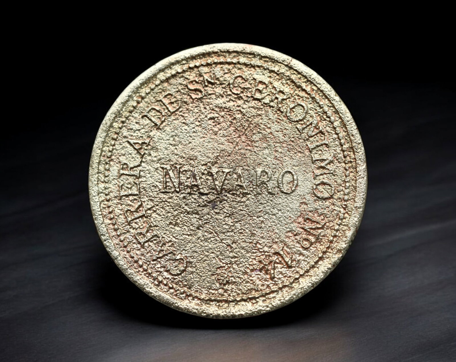MEXICO: Carrera de San Geronimo - Brass 1 Real Coin, ''Barber's Token'' Issue, ca. 19th Century: Issued as a private token from the Carrera de San Geronimo (San Geronimo School) in Mexico, this brass 1 Real coin bears the name "NAVARRO" and was used specifically for haircuts-evidenced by the reve