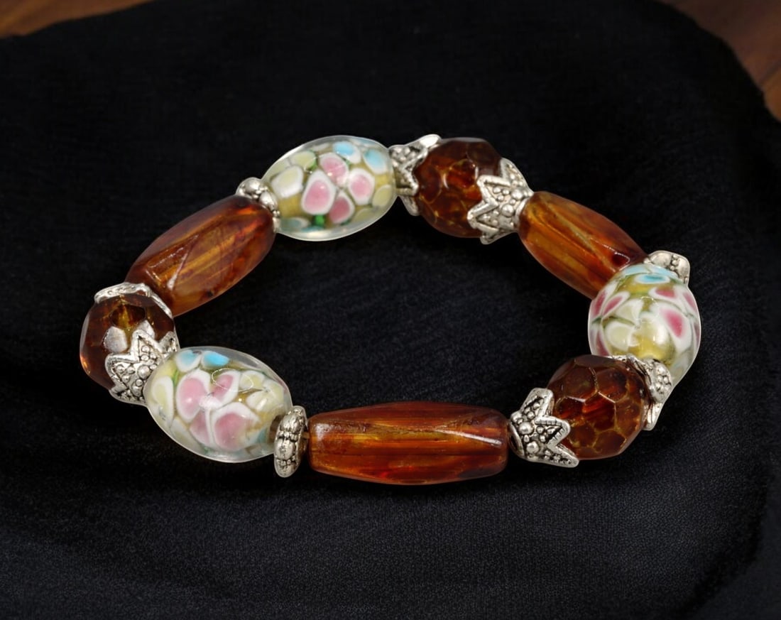 VINTAGE: Murano Glass & Amber-Tone Beaded Bracelet - Floral Lampwork Design, Mid-20th Century (1 of 1)