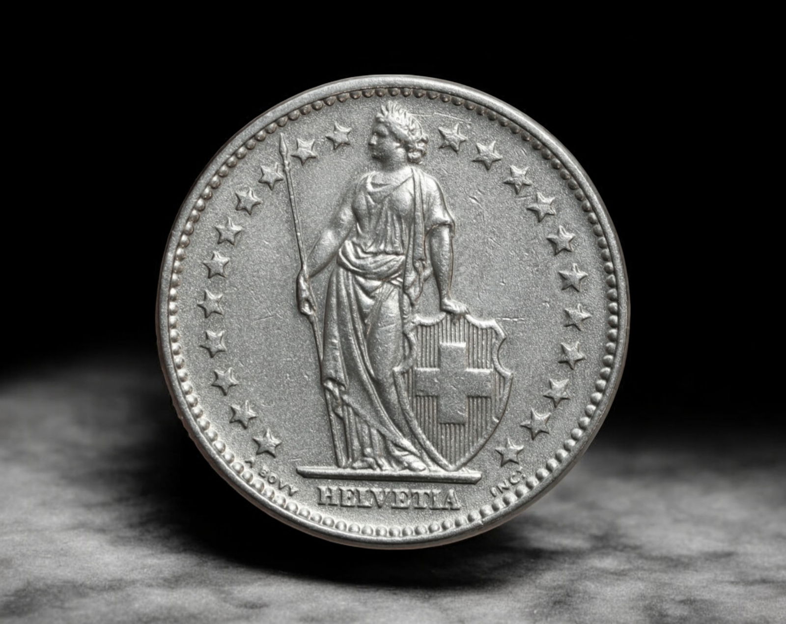 SWITZERLAND: Helvetia Standing - Cu-Ni 2 Franken Coin, 1968 B (Major Off-Center Strike Error) (1 of 2)