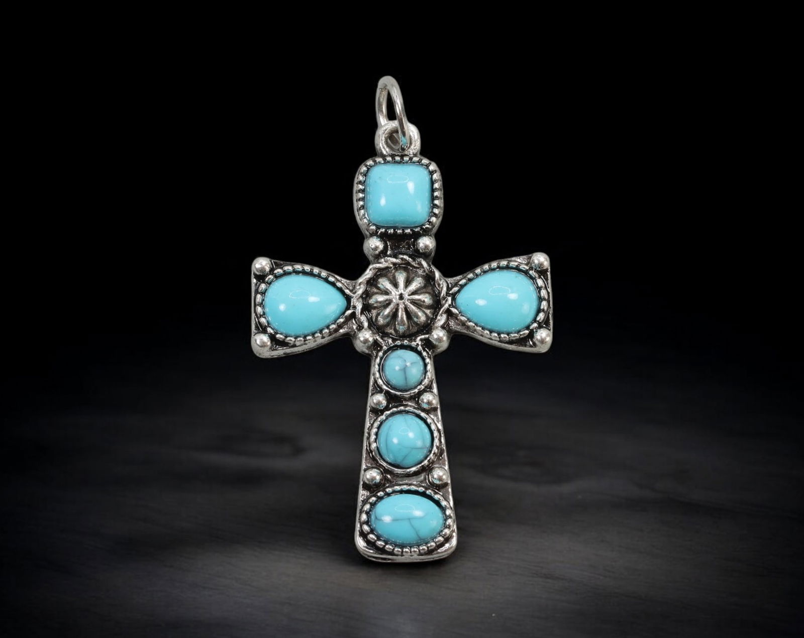 SOUTHWESTERN REVIVAL: Cross Pendant - Silver-Tone with Turquoise-Like Cabochons, 2.9x4.7cm (5.2g): Echoing the artisanal spirit of Southwestern Revival design, this silver-tone cross pendant features a vivid array of robin's egg blue cabochons arranged in a symmetrical configuration. The central me
