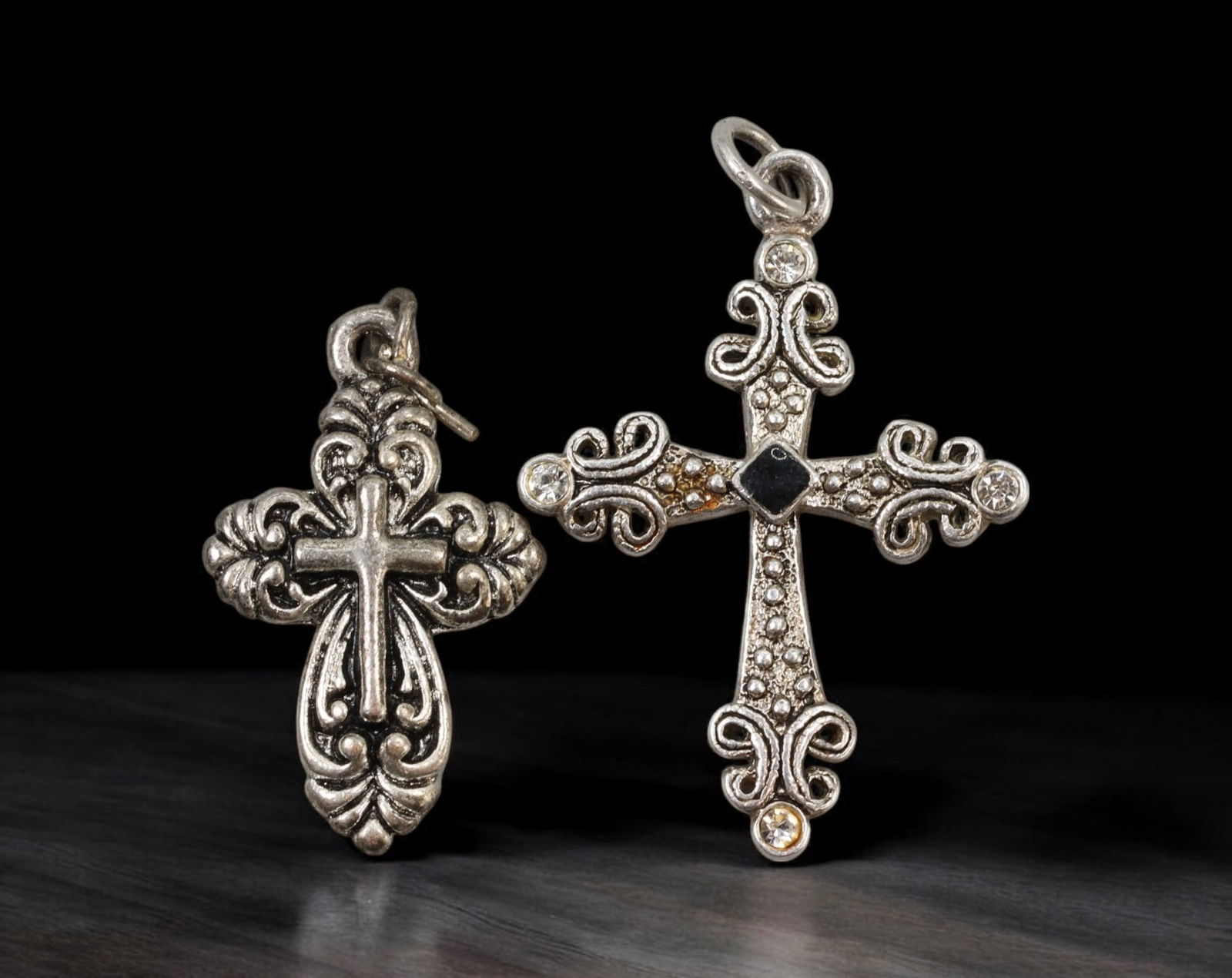 GOTHIC REVIVAL: Pair of Cross Pendants - Silver-Tone with Scrollwork & Crystal Accents, 3-3.6cm (1 of 2)