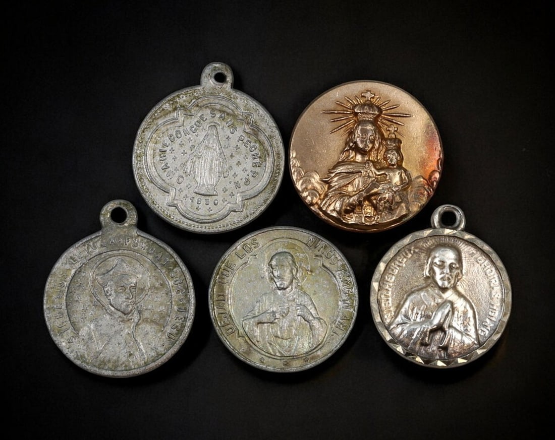 SPAIN: Set of Five Catholic Religious Medals - Silvered Metal & Gilt, 20th Century (1 of 2)