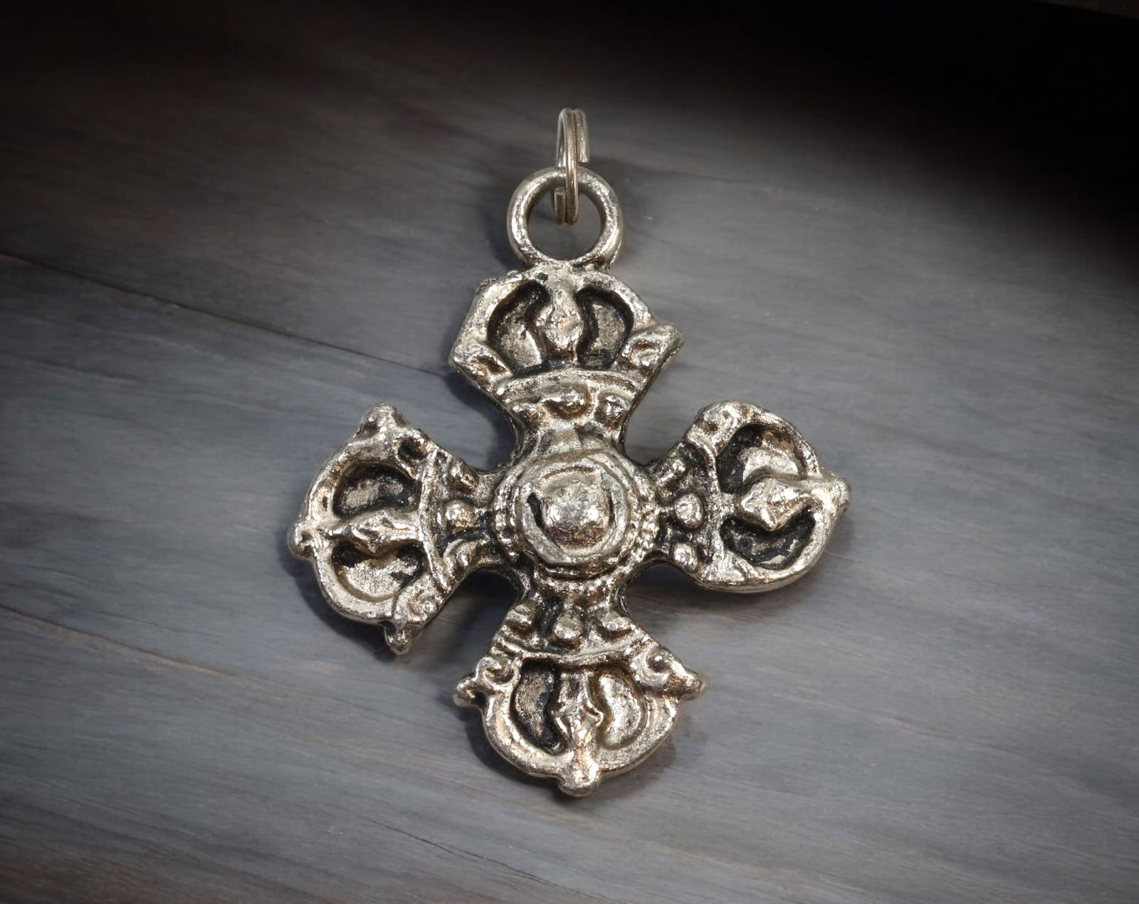 TIBETAN / HIMALAYAN: Vajra Cross Pendant - Silver-Tone Cast Alloy, 3.5cm (6.7g) (1 of 2)