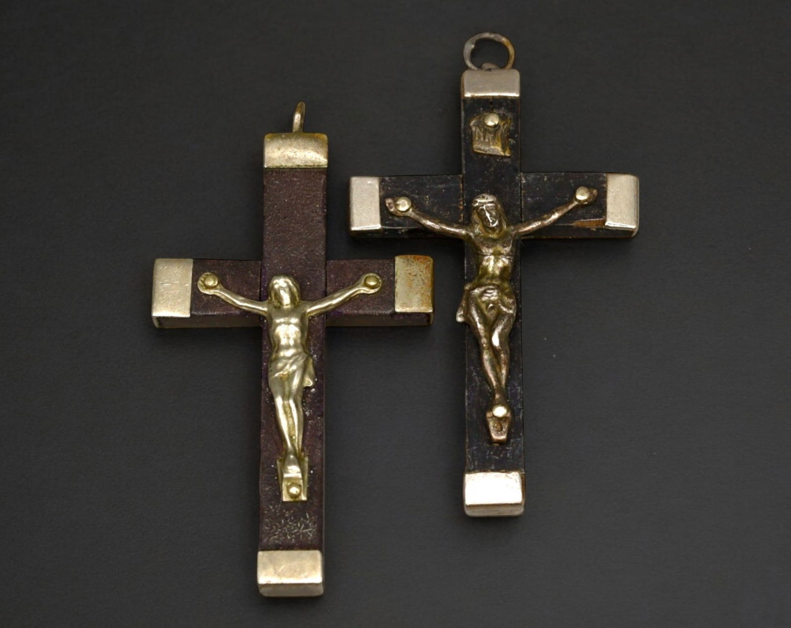 FRANCE: Lourdes Pilgrimage Crucifix Pair - Metal & Wood, Early 20th Century (1 of 2)