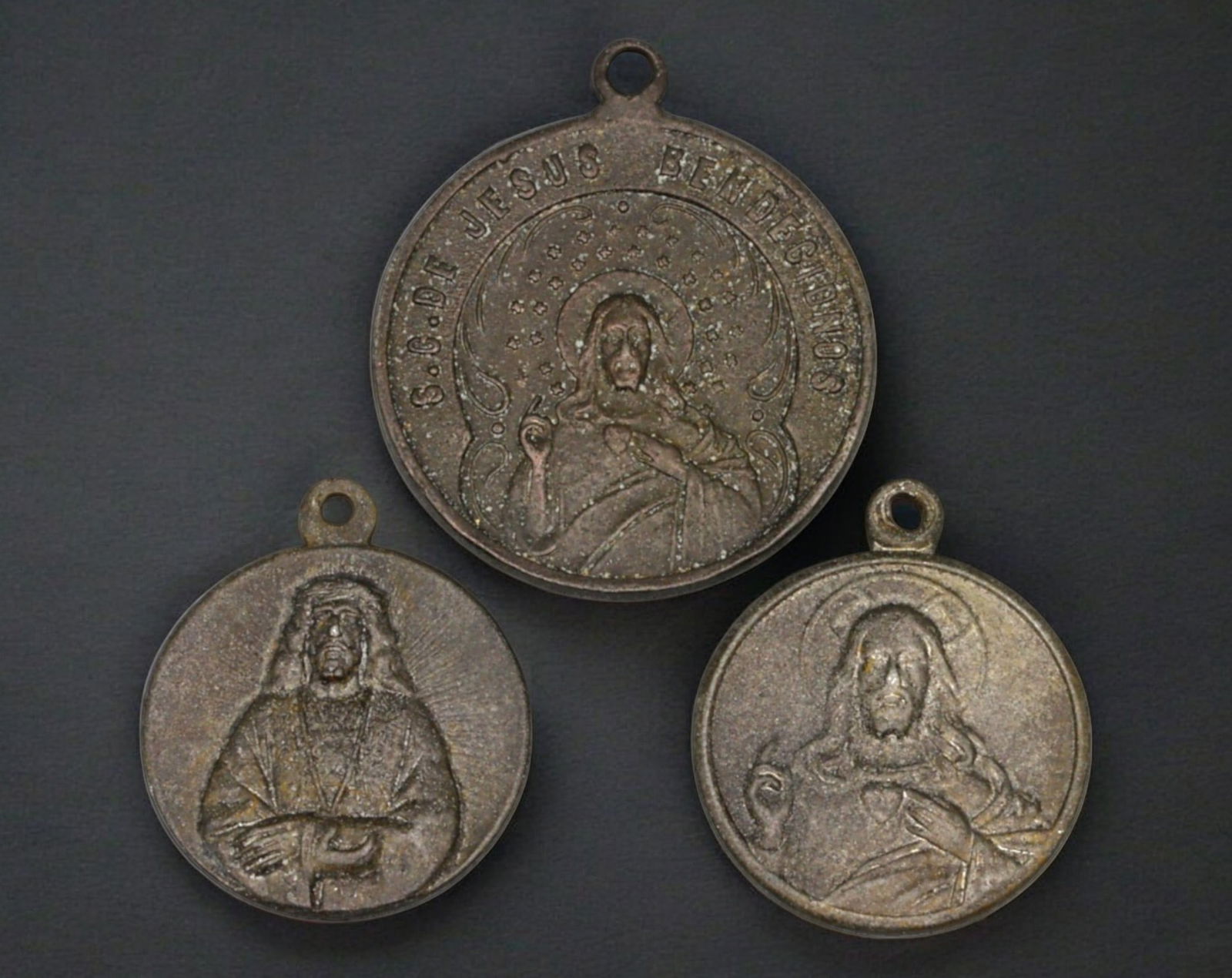 SPAIN: Religious Medals - Sacred Heart, Montserrat & Mt. Carmel (Set of 3, c. 1900) (1 of 2)