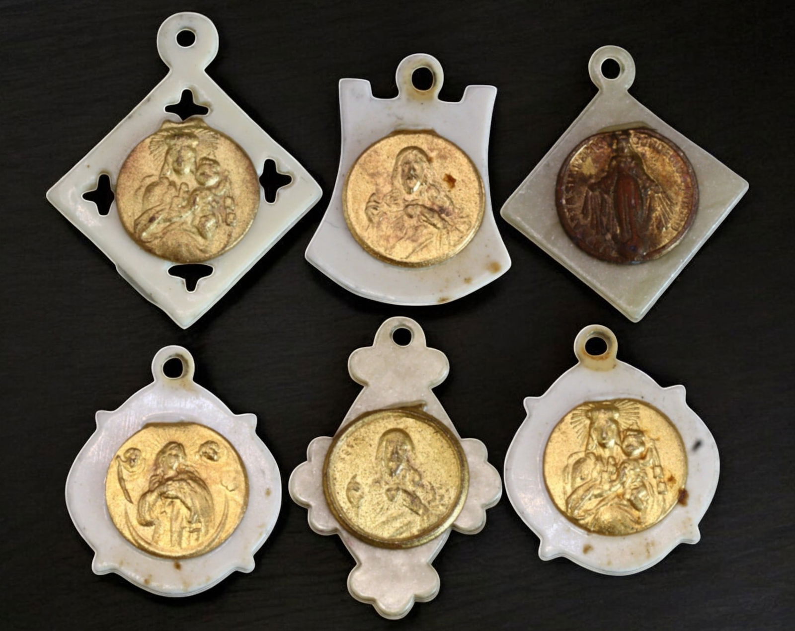 VINTAGE RELIGIOUS MEDALS: Set of 6 Enamel & Gilt Pendants - Sacred Icons, 1.4-2.1cm, 4g (1 of 2)