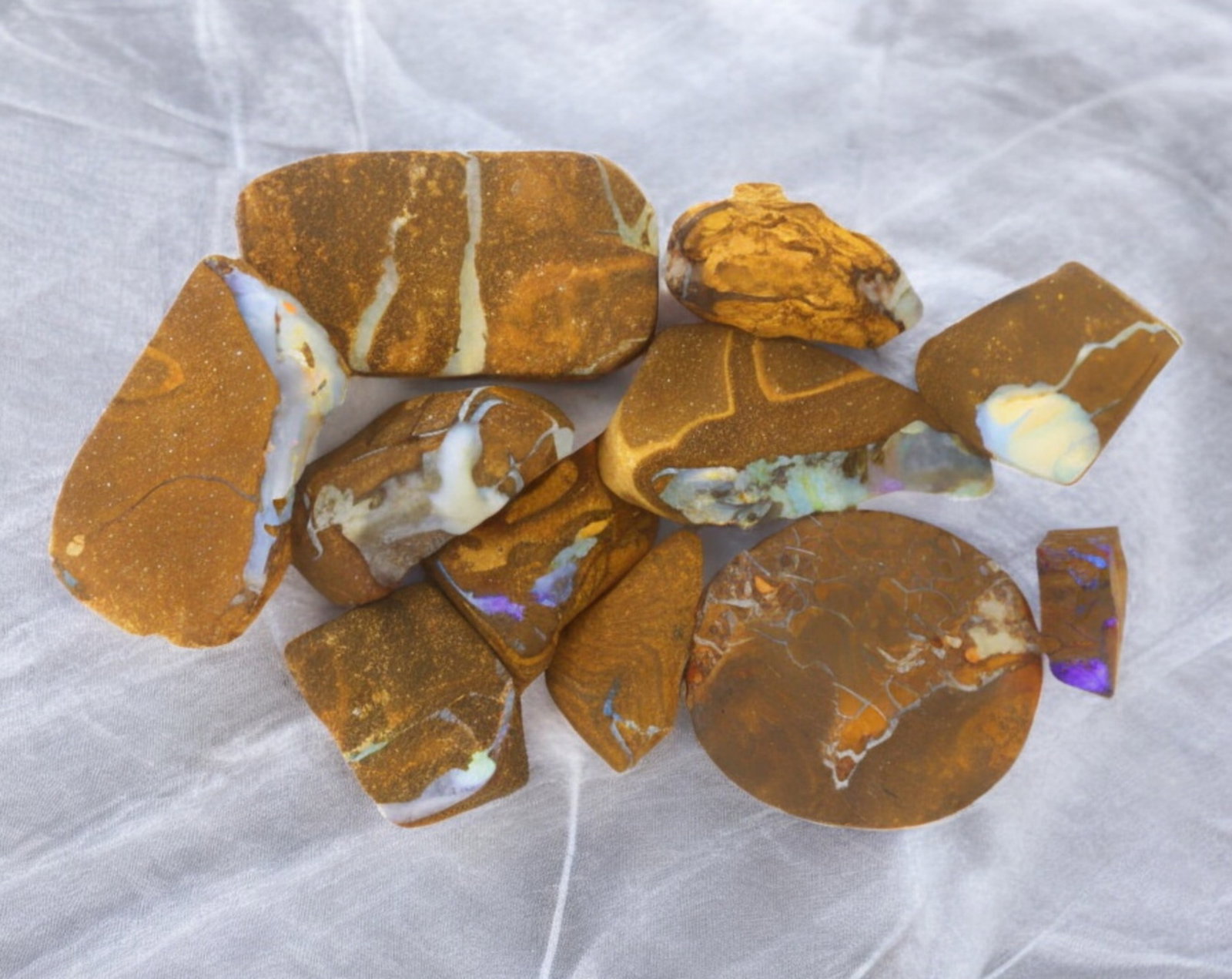 AUSTRALIA: Matrix Boulder Opal Rough Lot, 555g, 1-3.3 cm (Images Taken Wet): Stunning lot of natural Australian matrix boulder opal rough, these specimens showcase a vibrant interplay of opalized veins and swirls embedded in rich ironstone, displaying flashes of electric blues