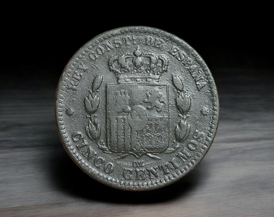 SPAIN: Alfonso XII - Copper-Nickel 5 Centimos Coin, 1877 (25mm, 4.8g) (1 of 2)