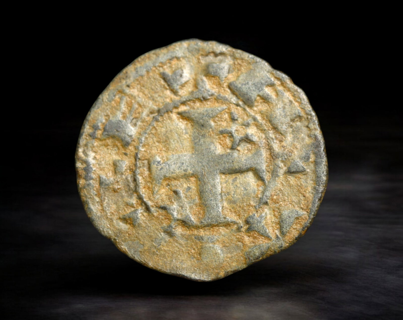 SPAIN: Kingdom of Castile - Billon Dinero Coin, Medieval Cross Type, c.13th Century (16mm, 0.6g): Struck during the high medieval period in the Kingdom of Castile, this billon Dinero coin features the archetypal Christian cross potent at its center, a symbol of ecclesiastical authority and royal l