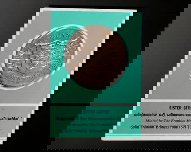 UNITED STATES-ISRAEL: Sister Cities - Silver Independence Day Coin, 1976 Franklin Mint (39mm, 26.9g): Issued in 1976 by the Franklin Mint to honor the bicentennial of American independence and the enduring relationship between Philadelphia and Tel Aviv-Yafo, this silver proof coin-medal celebrates the