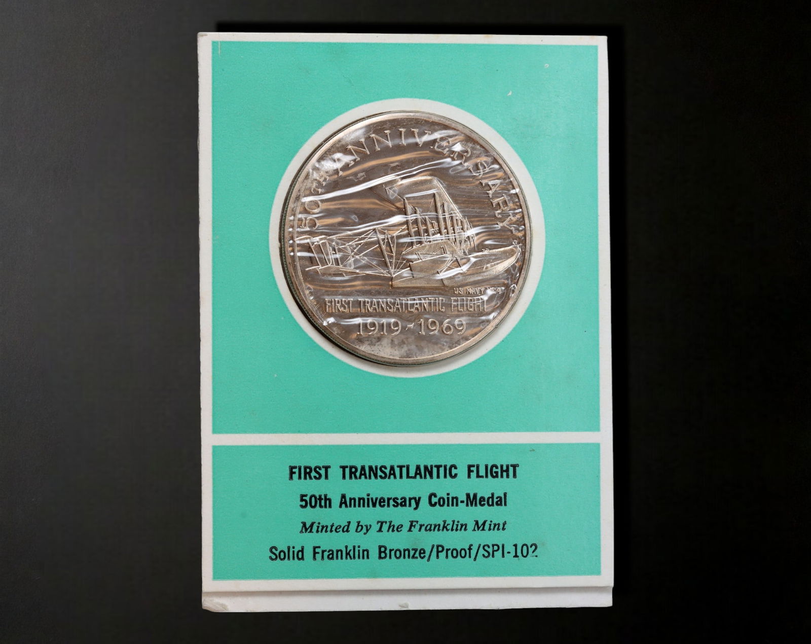 UNITED STATES:First Transatlantic Flight-Silver 50th Anniversary Coin,1969 Franklin Mint ,39mm,27.1g (1 of 2)