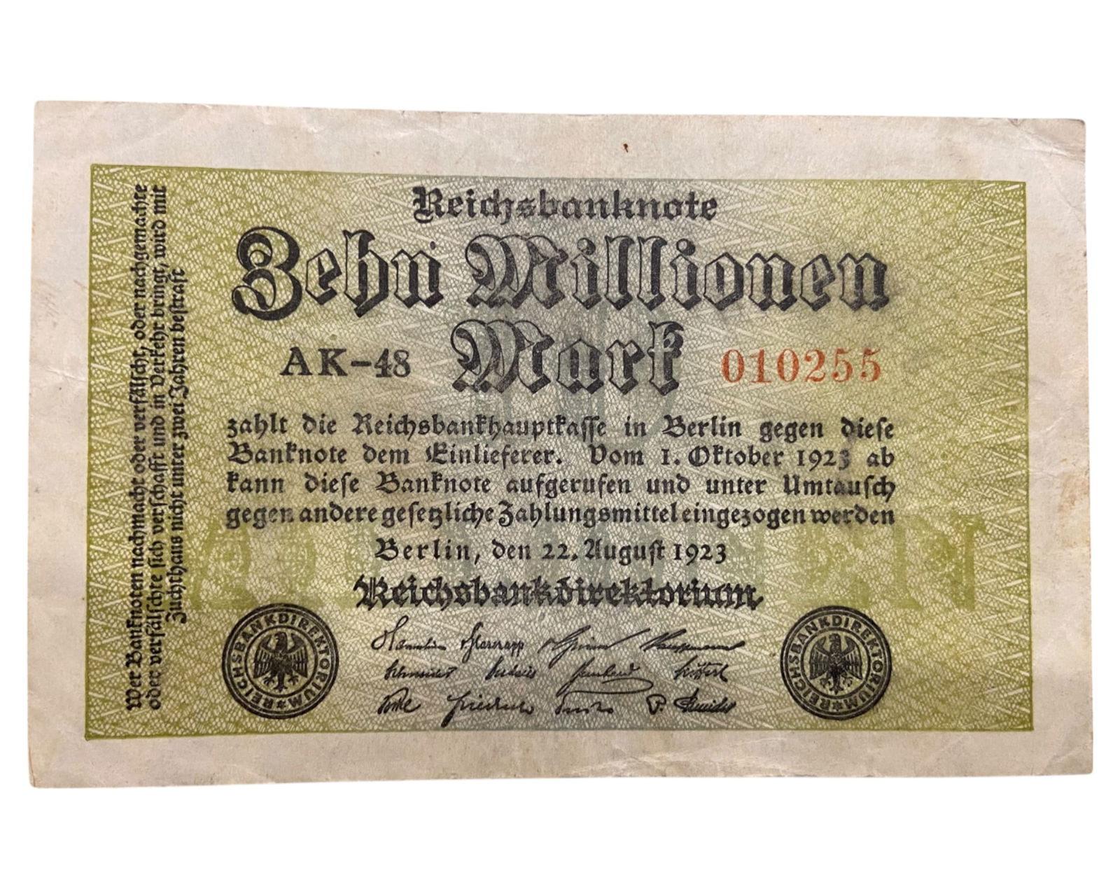 GERMANY: Weimar Republic - 10 Million Mark Banknote, 1923 AK-48 Berlin Issue (1 of 2)