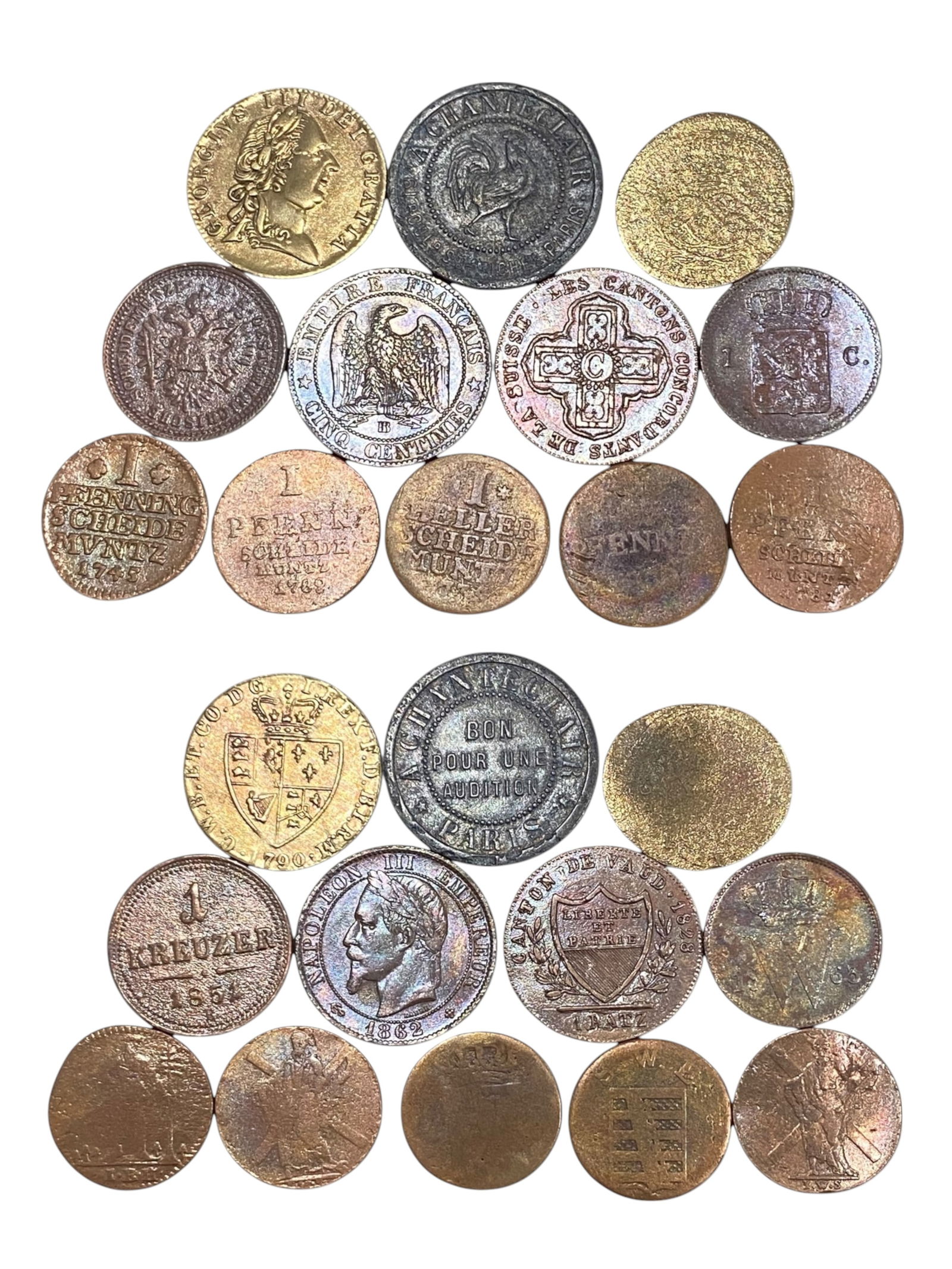 EUROPE: Mixed States - Copper and Billon 1 Pfennig to 10 Centimes Coins, 1745-1865 (20-26mm) (1 of 3)