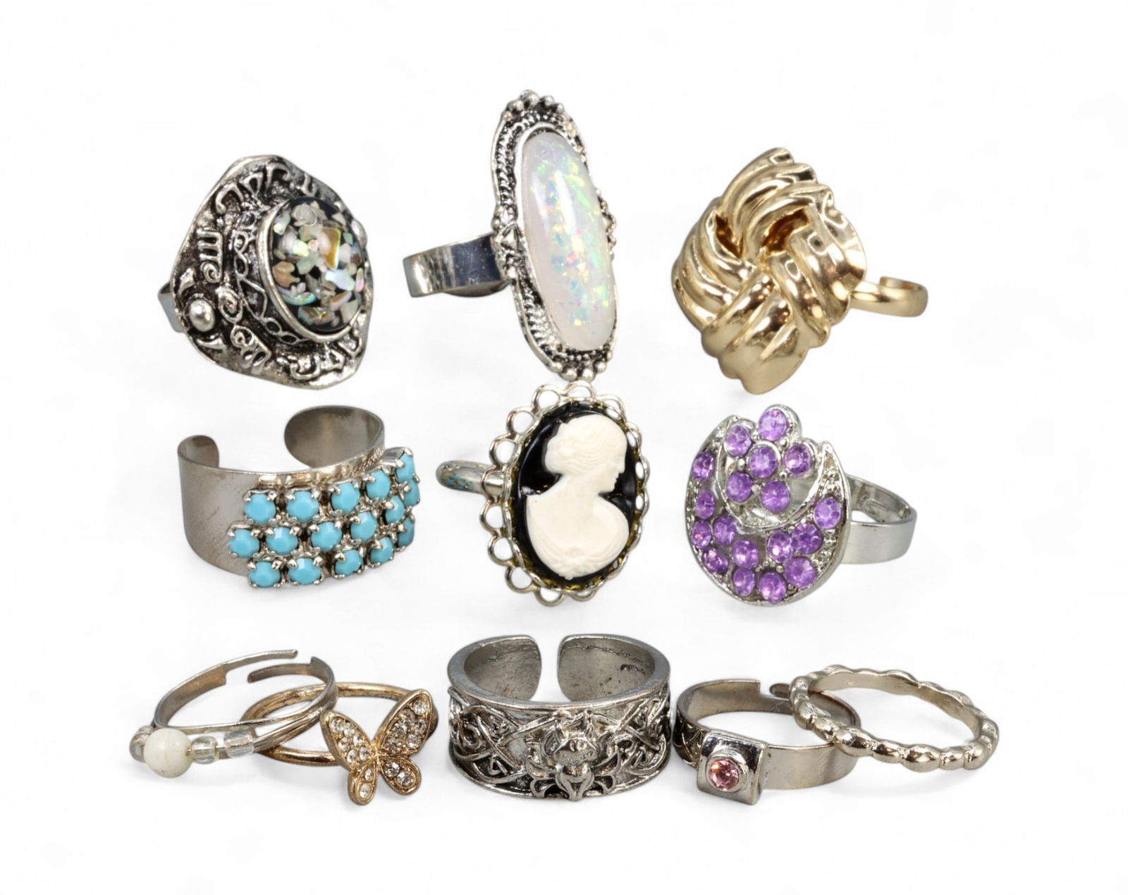 COSTUME JEWELRY: Eclectic Ring Lot - Cameo, Crystal & Adjustable Styles, US 7-9 (50g) (1 of 1)