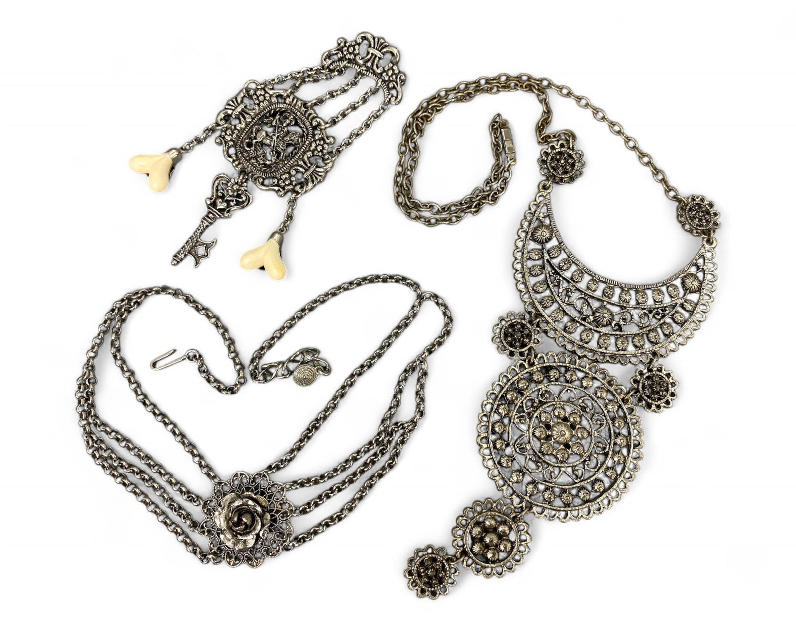 BERBER / NORTH AFRICAN TRIBAL: Necklace Trio - Cast Alloy with Filigree & Charms, 160g (3 pcs) (1 of 1)