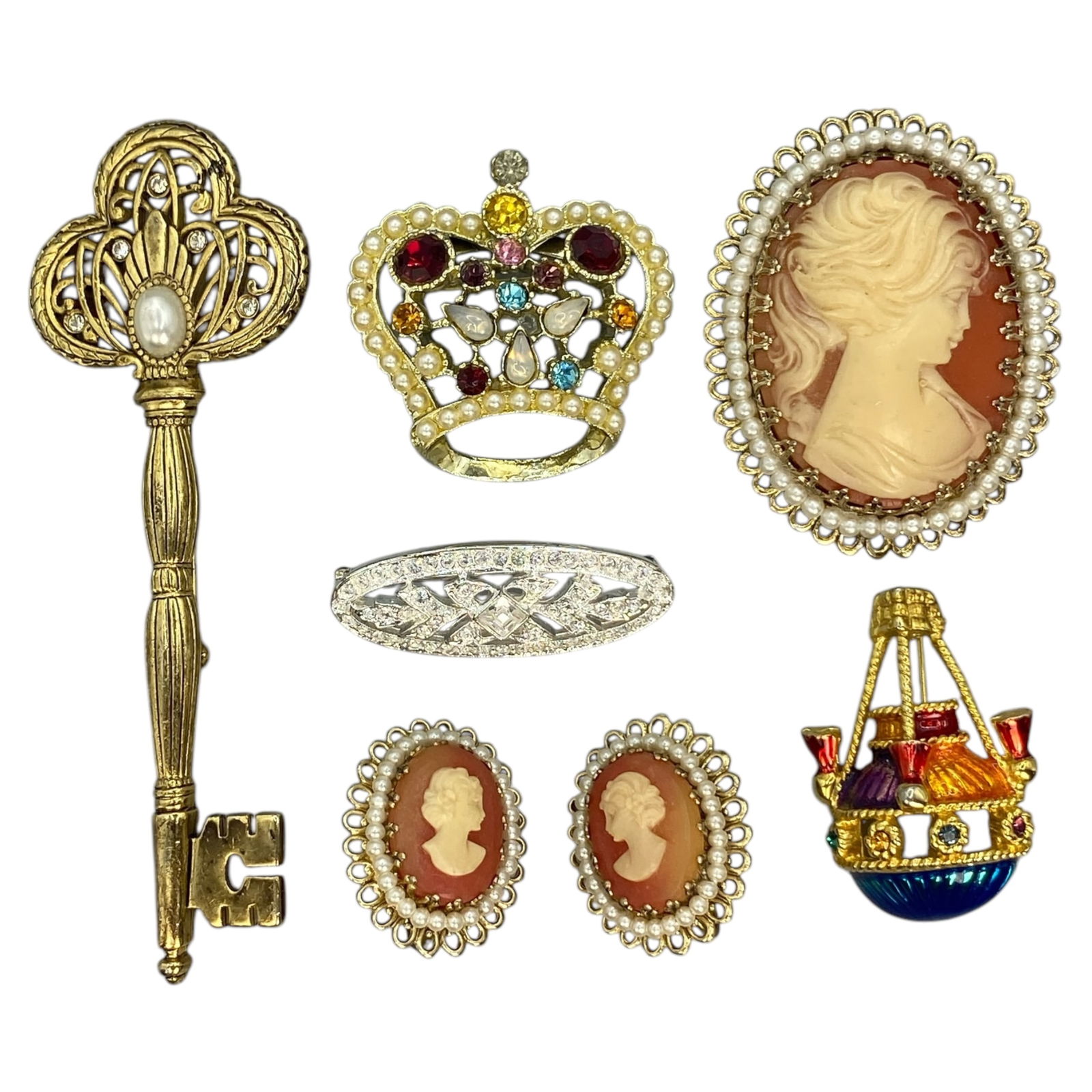 VICTORIAN REVIVAL: Brooch Lot - Cameos, Crown & Ornate Motifs, 7 Pieces (81g) (1 of 2)