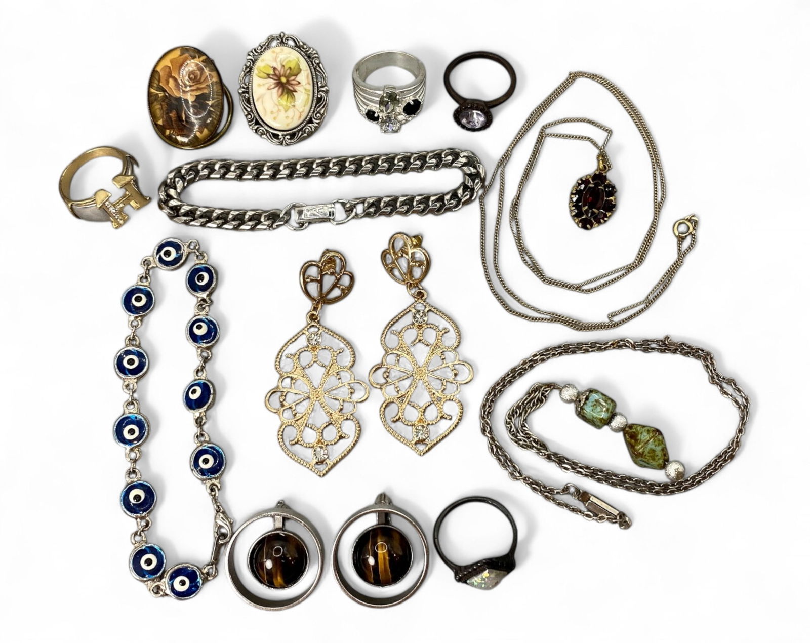 MIXED STYLE: Rings & Chains Lot - Art Cameos, Evil Eye Links & Filigree Drops, 12 Pieces (1 of 1)