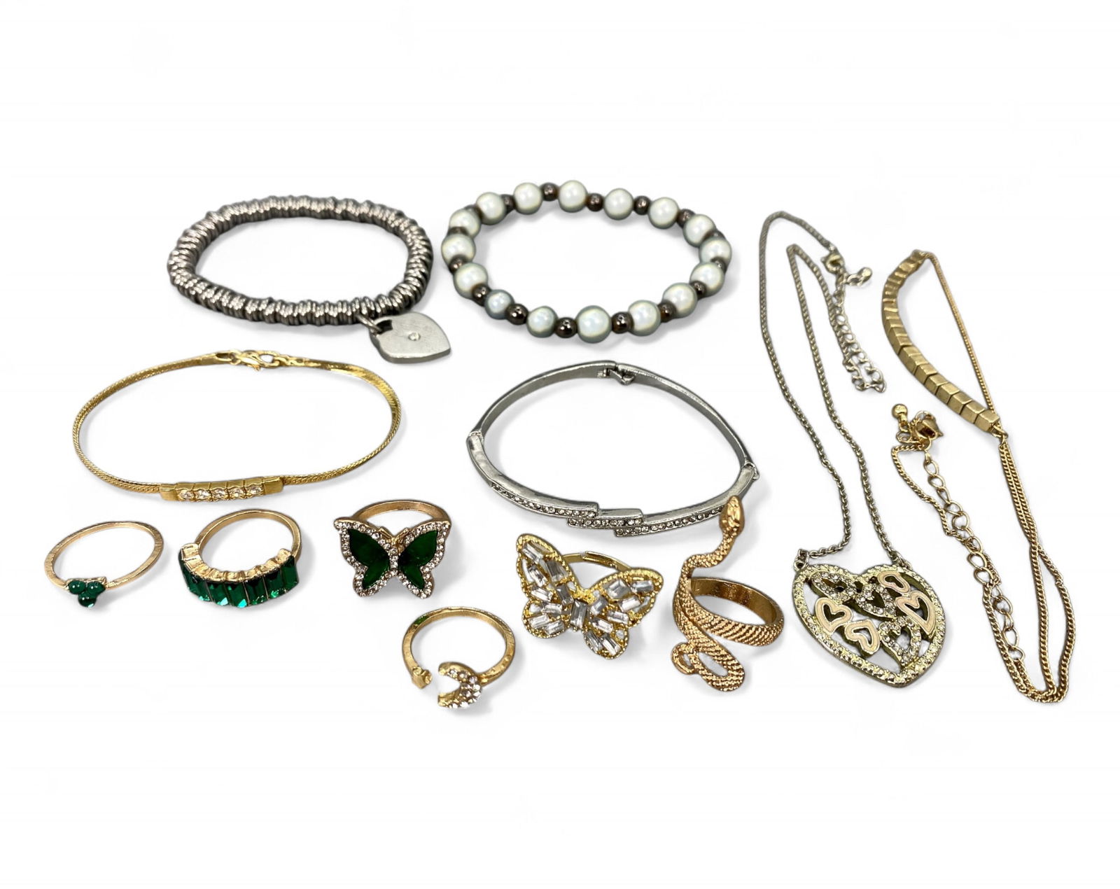 ROMANTIC MIX: Butterfly Rings, Heart Pendants & Chain Bracelets - Crystal Accents, 12 Pieces (114g): A charming 12-piece jewelry ensemble filled with romantic and whimsical motifs. The lot includes two hinged bangles-one gold-tone with inset sparkle and one silver-tone with pave detailing-as well as