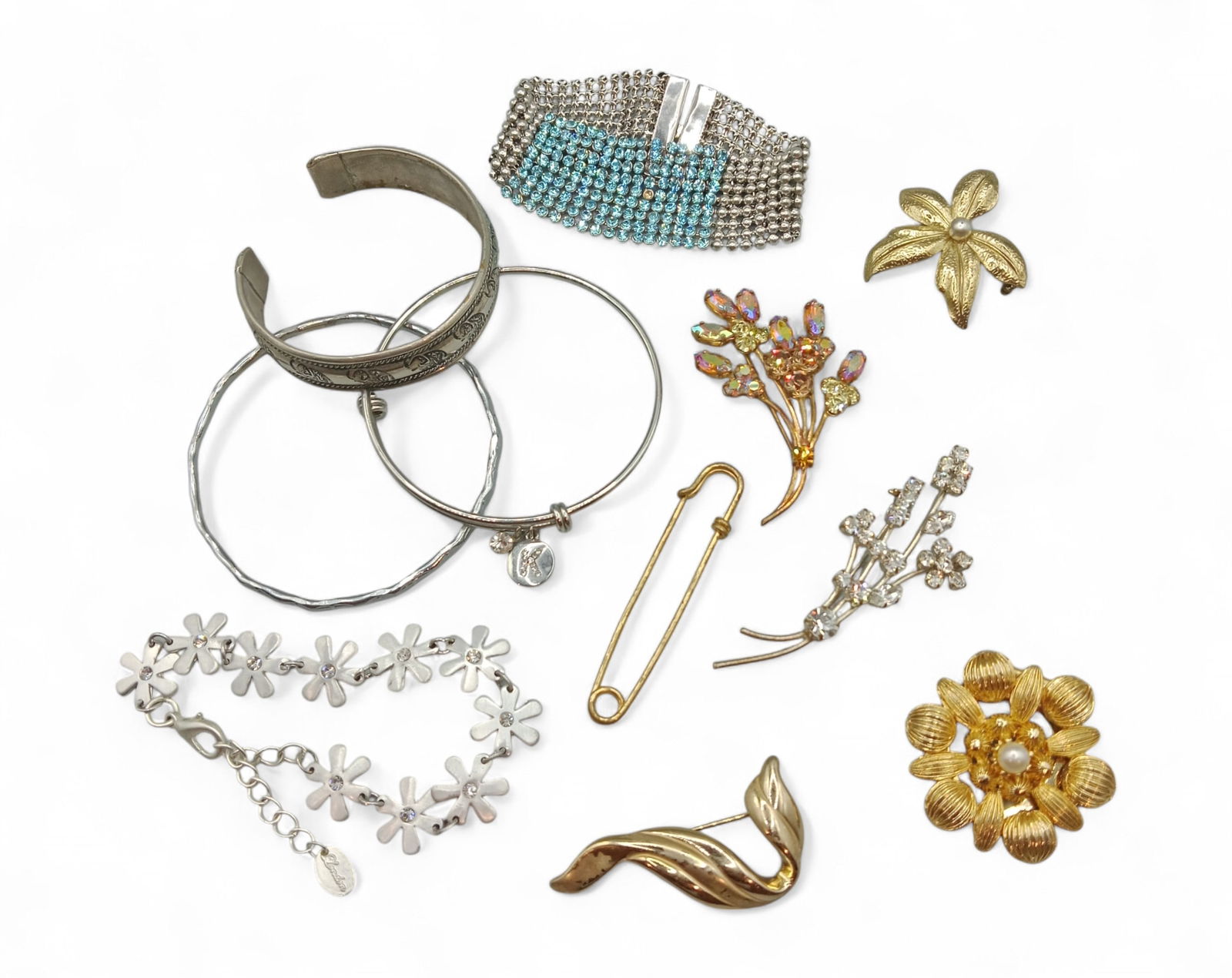 FLORAL & FEMININE: Vintage Brooches & Bangles - Rhinestone Sprays & Dainty Details, 10 Pieces (1 of 1)