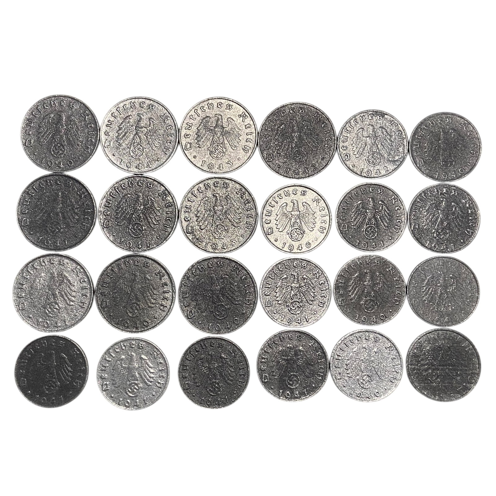 GERMANY: Third Reich & Early Allied Occupation - 5 & 10 Reichspfennig Coin Lot, 1940-1948 (18-20mm): Comprising 24 coins, this lot represents the final phase of Nazi Germany's wartime economy and the transitional coinage under Allied military administration. These 5 and 10 Reichspfennig coins were st