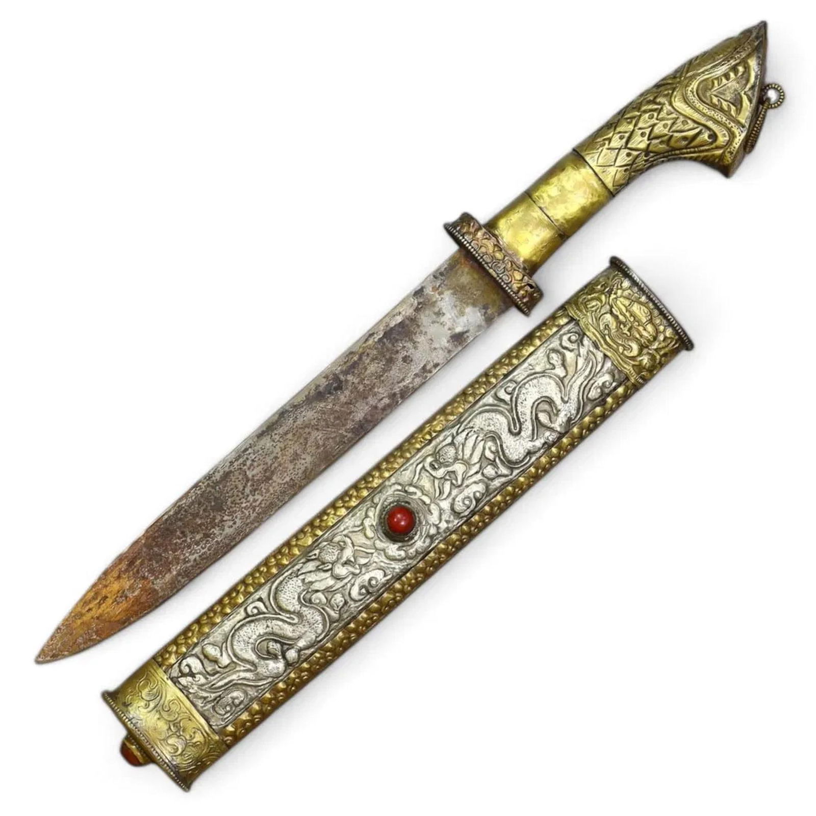 TIBET: Ritual Dagger (Phurba/Kila) - Gilded Brass and Silver with Coral Inset, 19th Century (456g, (1 of 5)