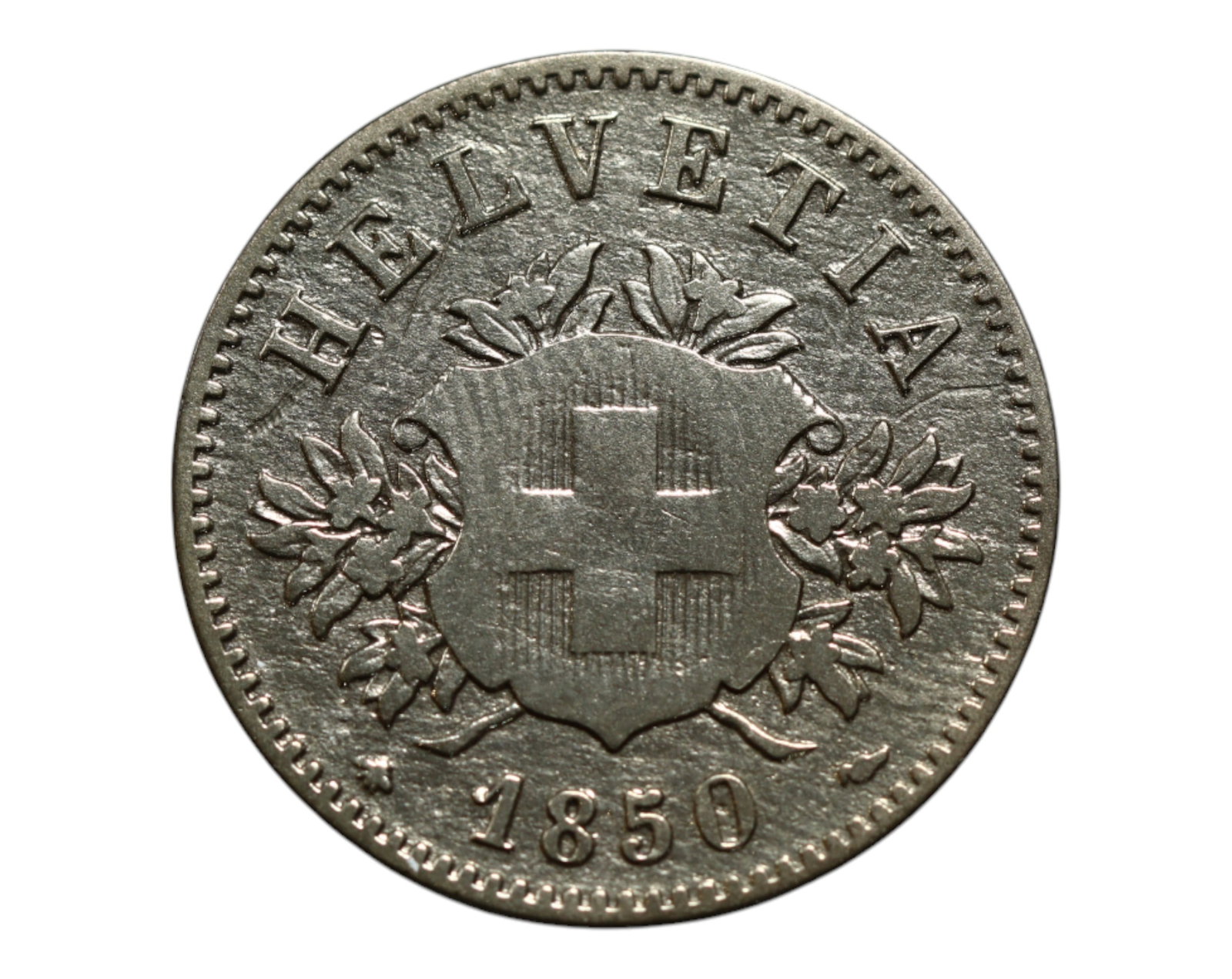 SWITZERLAND: Federal Unity - Helvetic Confederation 10 Cents Coin, 1850, 21mm: Issued during the foundational phase of modern Switzerland, this 1850 10 Cents coin embodies the renewed identity of the Helvetic Confederation following the federal constitution of 1848. The obverse 