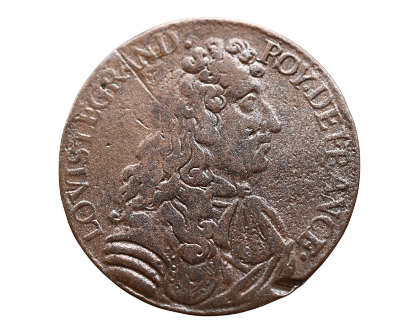 FRANCE: Louis XIV the Great - Royal Treasury Allegory Jeton, ca. 17th Century, 26mm: This evocative jeton, struck under the reign of Louis XIV-celebrated as the "Sun King"-presents a magnificent martial bust of the sovereign, exuding strength and divine authority. The legend LOVIS LE 