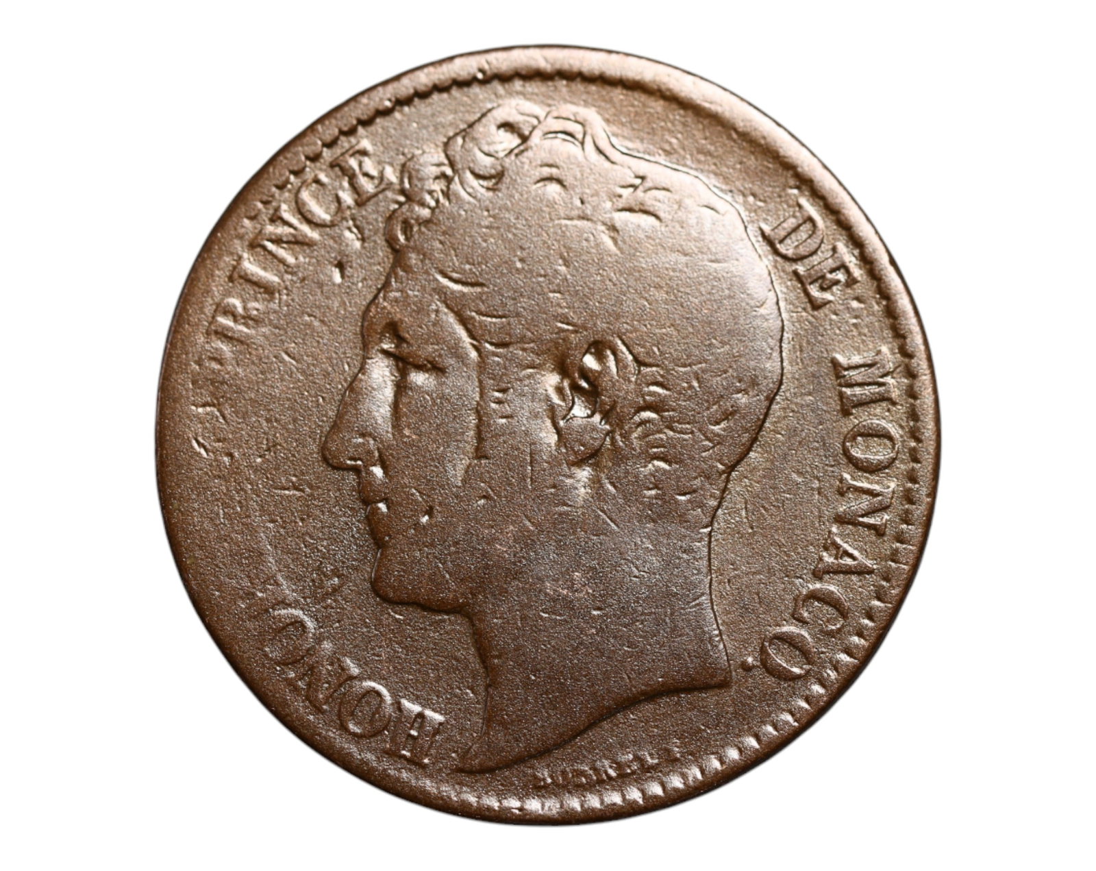 MONACO: Prince Honore V - Dynastic Stability 5 Centimes Coin, 1837 C-M, 28.5mm: Issued under the rule of Prince Honore V, this 1837 5 Centimes coin captures Monaco's quiet resilience amid a century dominated by upheaval across Europe. The elegant laureate portrait of Honore V con