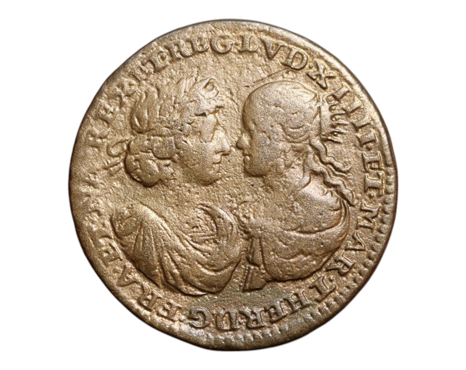 FRANCE: Louis XIV & Maria Theresa - Eternal Alliance Bronze Jeton, c.1660s, 25mm: Struck circa the 1660s, this evocative 25mm bronze jeton captures the dynastic and political alliance between Louis XIV of France and Maria Theresa of Spain. The obverse presents the conjoined busts o