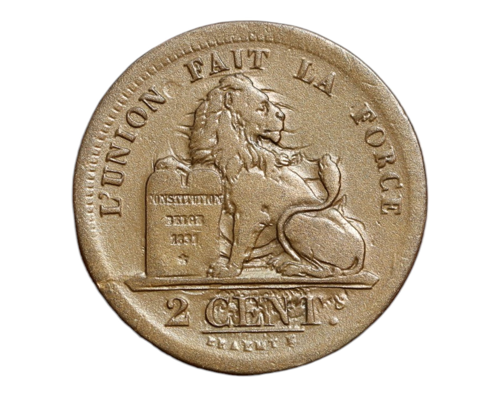 BELGIUM: Leopold I - Constitutional Unity Lion Copper 2 Centimes Coin, 1833, 22mm: Struck in 1833, in the nascent years of Belgium's independence under Leopold I, this 22mm copper 2 Centimes coin beautifully encapsulates the spirit of a newly sovereign nation. The obverse displays a