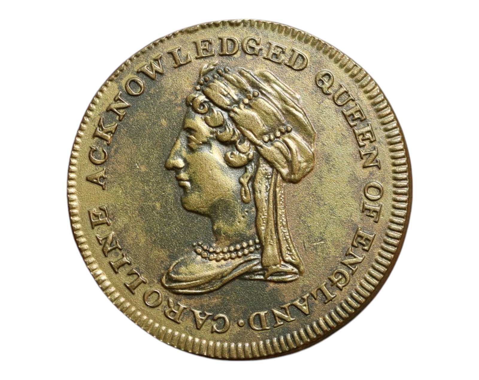 GREAT BRITAIN: Queen Caroline - Milan Plot Vindication Political Medal, circa 1820, 25mm: Struck during one of the most sensational royal scandals of the Regency era, this circa 1820 political medal celebrates Queen Caroline's triumphant vindication over the so-called "Milan Plot." Her dig