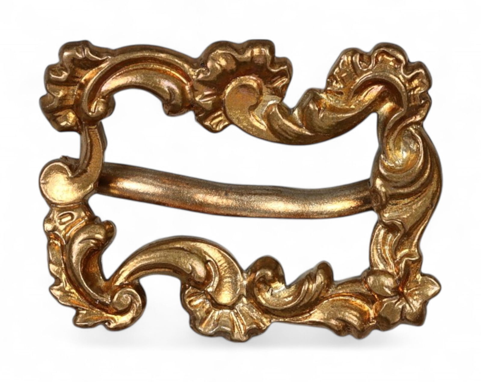 VICTORIAN ERA: Small Buckle - Rococo Scrollwork, Bright Goldtone (2.5x2cm): A charming late Victorian-era buckle featuring lively Rococo-style scrollwork, cast in a bright goldtone finish. The piece displays dimensional curves and shell-inspired flourishes, evoking the decora