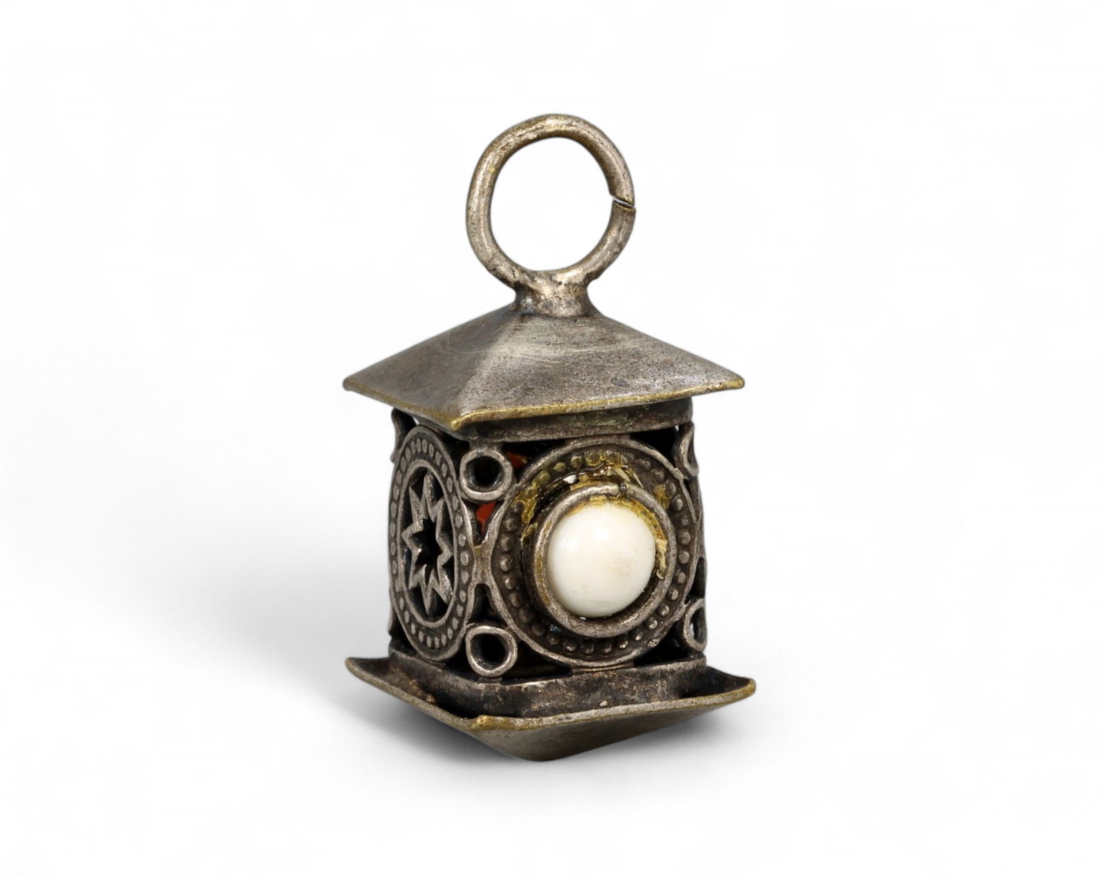 EUROPEAN FOLKLORIC SILVER: Lantern-Form Charm - Star Panels & Dome Cabochons, Solid Silver, 5.4g (1 of 4)