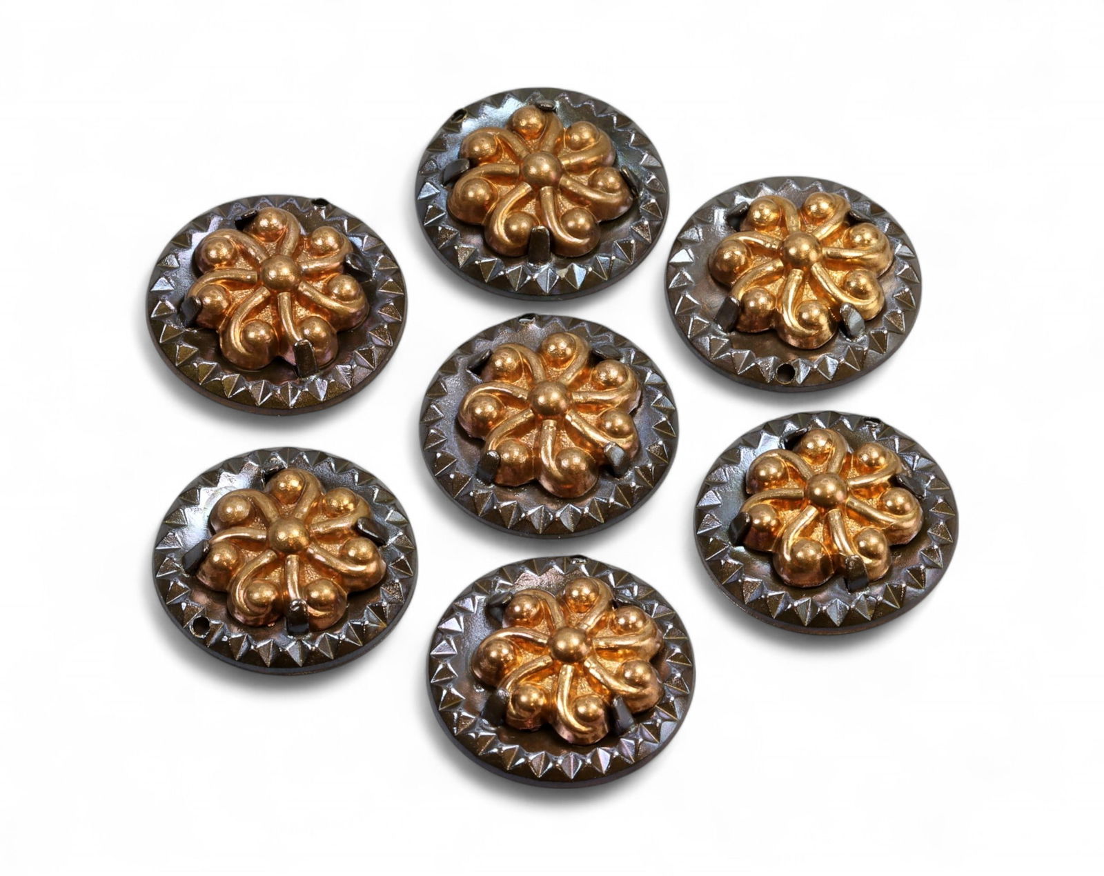 VINTAGE COMPONENT LOT: Rosette Findings - Domed Florals, Brass & Gunmetal Finish (7pcs, 2.5cm) (1 of 3)