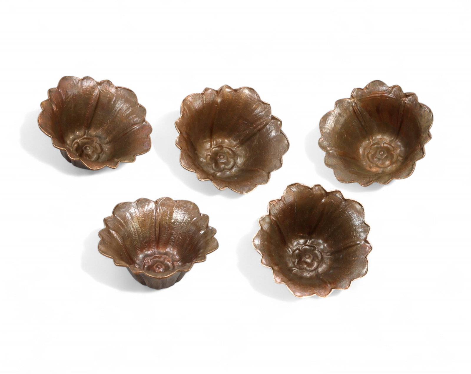 VINTAGE FINDINGS: Rosebud Filigree Caps - Dimensional Floral Domes, Bronzetone Finish (5pcs, 2.5cm): This charming lot features five vintage metal floral caps molded in a stylized rosebud or petaled dome formation. Each piece is finished in warm bronzetone, with a scalloped silhouette and central ros