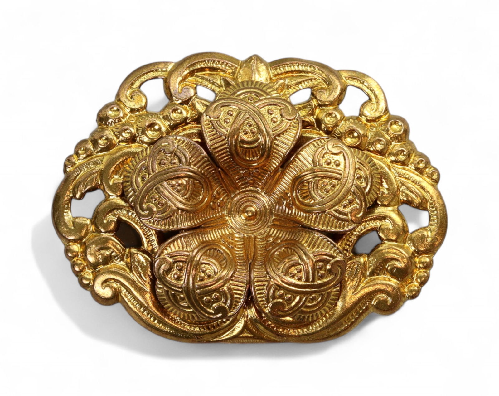 VICTORIAN REVIVAL: Buckle - Floral Rosette with Baroque Scrolls, Gilt Openwork Casting (4.5x3cm): This ornate buckle in the Victorian Revival tradition features a richly cast central floral rosette framed by swirling baroque scrolls and dotted textures. Rendered in warm gilt metal with intricate o