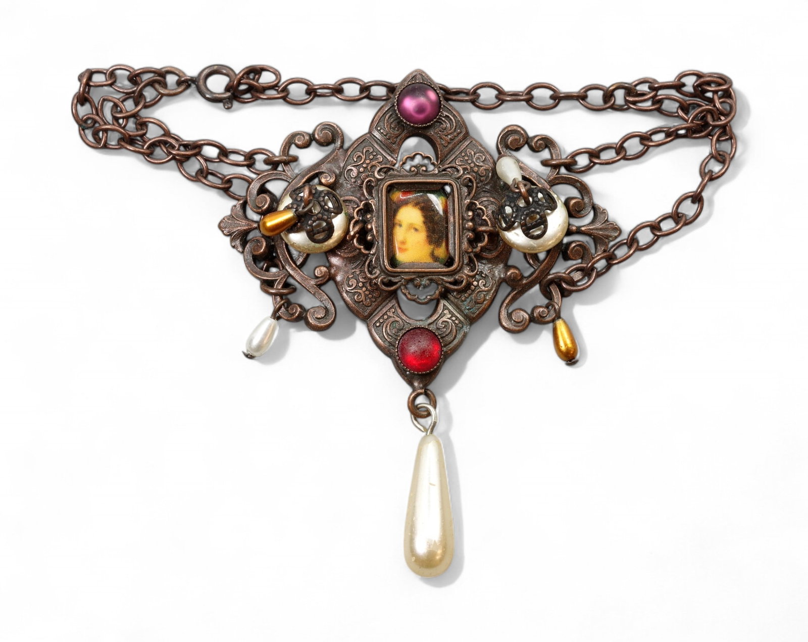 ART NOUVEAU REVIVAL: Choker Necklace - Lady Portrait Medallion, Ornate Scrollwork, Dangles & Pearls: Rich in drama and detail, this Art Nouveau Revival choker features a central medallion with an inset portrait of a lady in classical attire, surrounded by pierced bronze-tone filigree, scrollwork acce