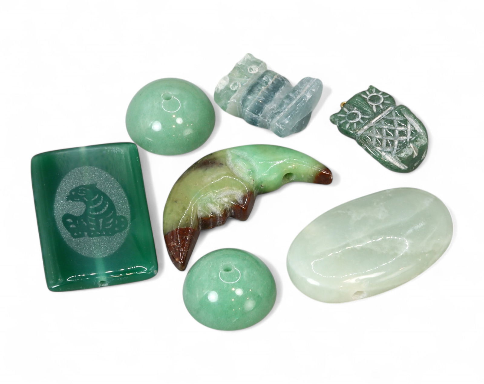 ASIAN REVIVAL: Assorted Green Stone Pendants - Carved Owl, Claw & Symbol Beads, 2-3.8cm, 7pcs (1 of 1)